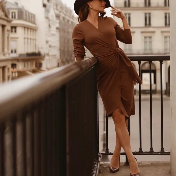 Audrey Leighton Brown V Neck Long Sleeve Midi Wrap Dress Size Large - Picture 12 of 12